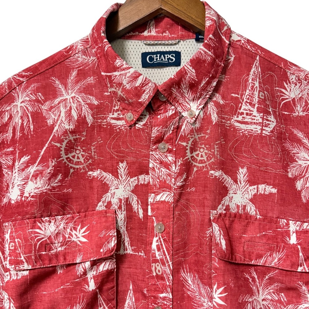 Chaps Button Down Shirt Mens XL Red Tropical Palm Tree Sailboat Short Sleeve